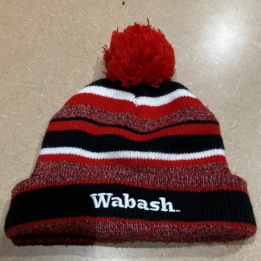 Wabash Striped Red and Black Beanie with Pom-Pom